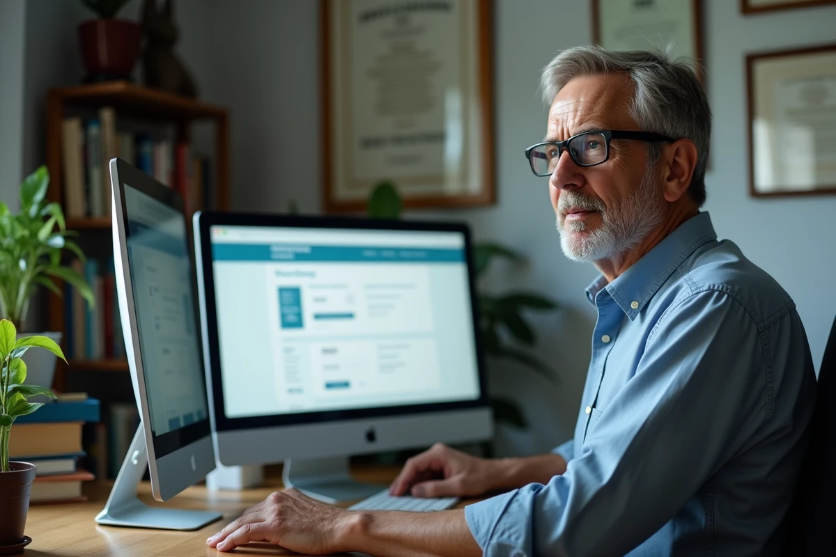 Enseignant consultant le calendrier de versement des salaires sur un portail en ligne depuis son bureau à domicile