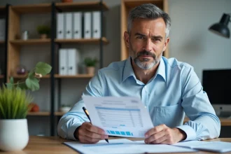 Professeur d'âge moyen examine sa fiche de paie dans un bureau moderne