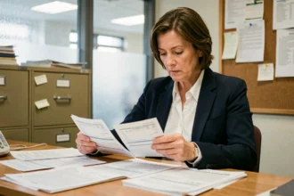 Enseignante titulaire de l'Éducation nationale examinant son bulletin de salaire dans un bureau administratif scolaire