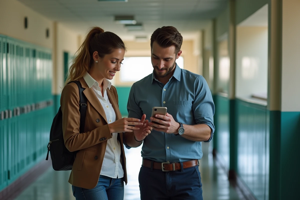 Deux enseignants consultant ensemble les dates de versement des salaires sur smartphone dans un couloir d'école