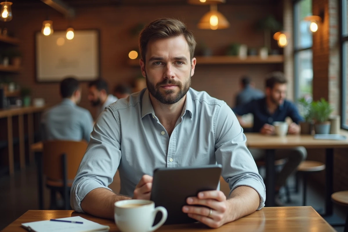 Entrepreneur consultant son application bancaire professionnelle sur tablette dans un café urbain