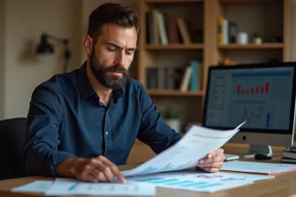 Homme consultant des graphiques d'évolution des salaires en France sur son bureau à domicile