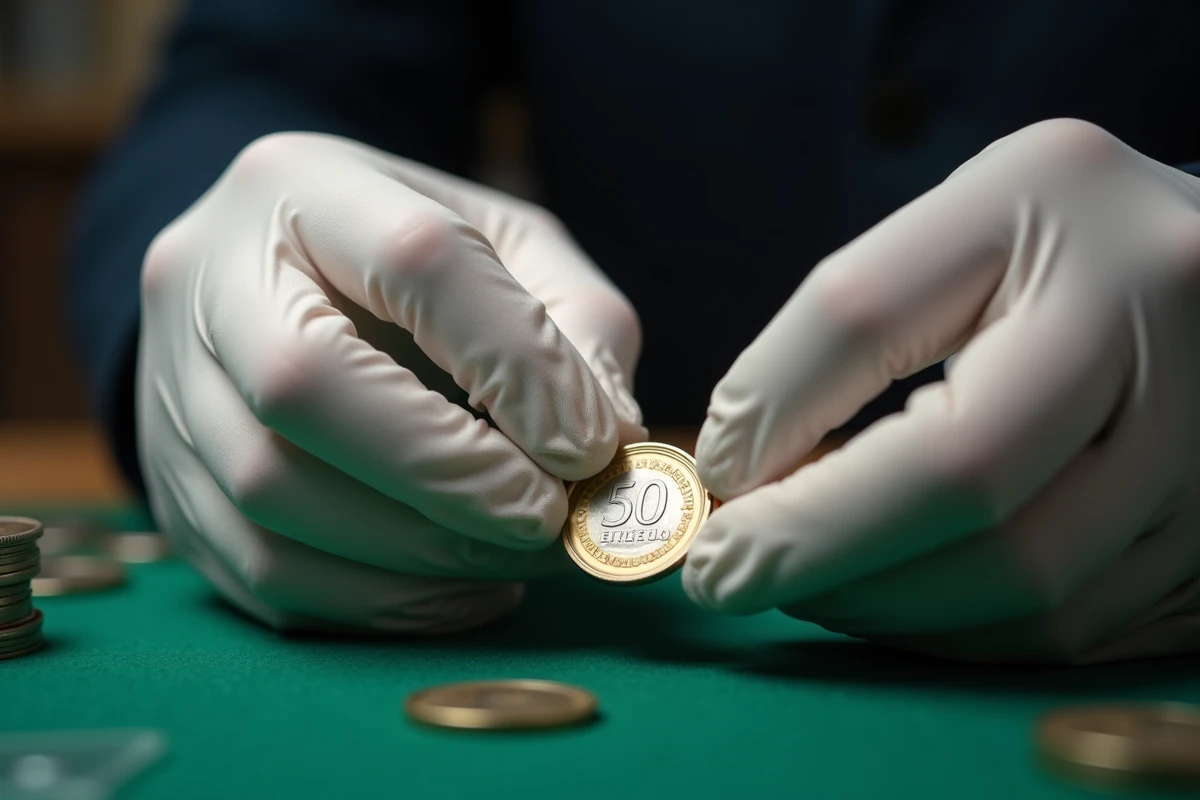Numismate en gants blancs examinant une pièce de 50 francs argent 1977 au-dessus d'un tapis de collection vert avec loupe