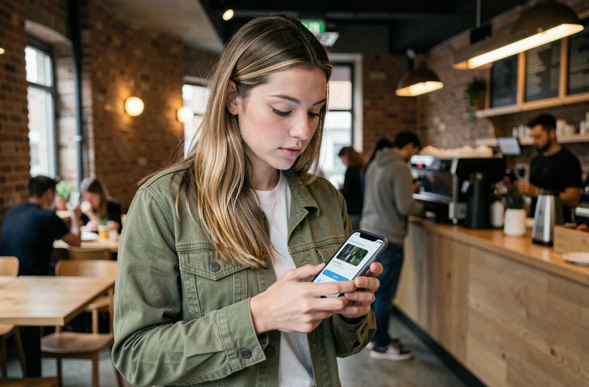 Jeune femme consultant sa facture Free Mobile sur smartphone dans un café urbain