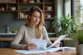 Femme d'affaires réfléchissant avec documents PLF 2025 dans un intérieur moderne
