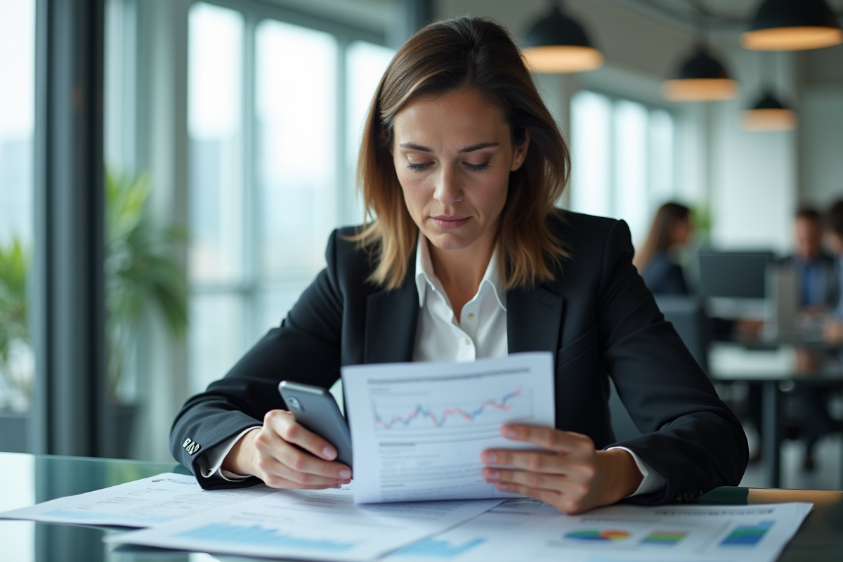 Femme d affaires vérifiant des rapports financiers dans un espace de coworking