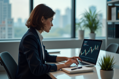 Femme professionnelle analysant des graphiques boursiers au bureau