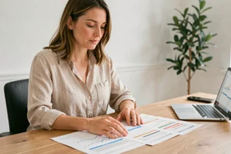 Femme analysant les résultats d'un calculateur de rentabilité sur des feuilles imprimées dans un bureau à domicile