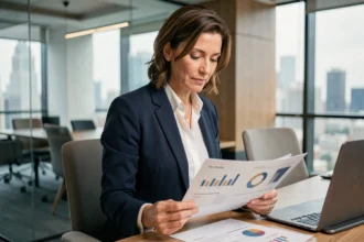 Femme analyste financière consultant les rendements d'une SCPI comme Edissimmo dans un bureau moderne avec vue sur la ville