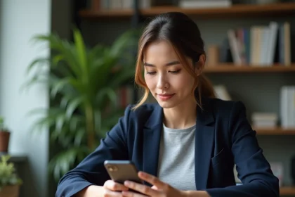 Femme utilisant une application bancaire sur smartphone pour comparer les services du Crédit Agricole Pyrénées Gascogne