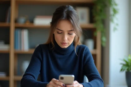 Femme consultant l'application Lydia sur son smartphone pour signaler un problème au service client