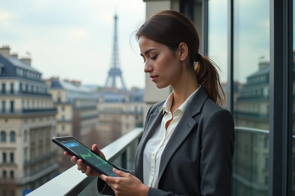 Jeune femme d affaires avec tablette CAC 40 sur balcon parisien