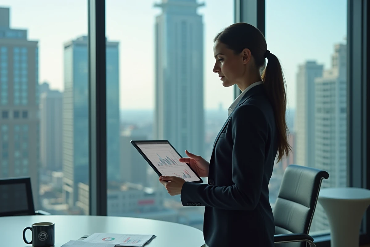 Jeune femme analysant des graphiques financiers près d une fenêtre urbaine