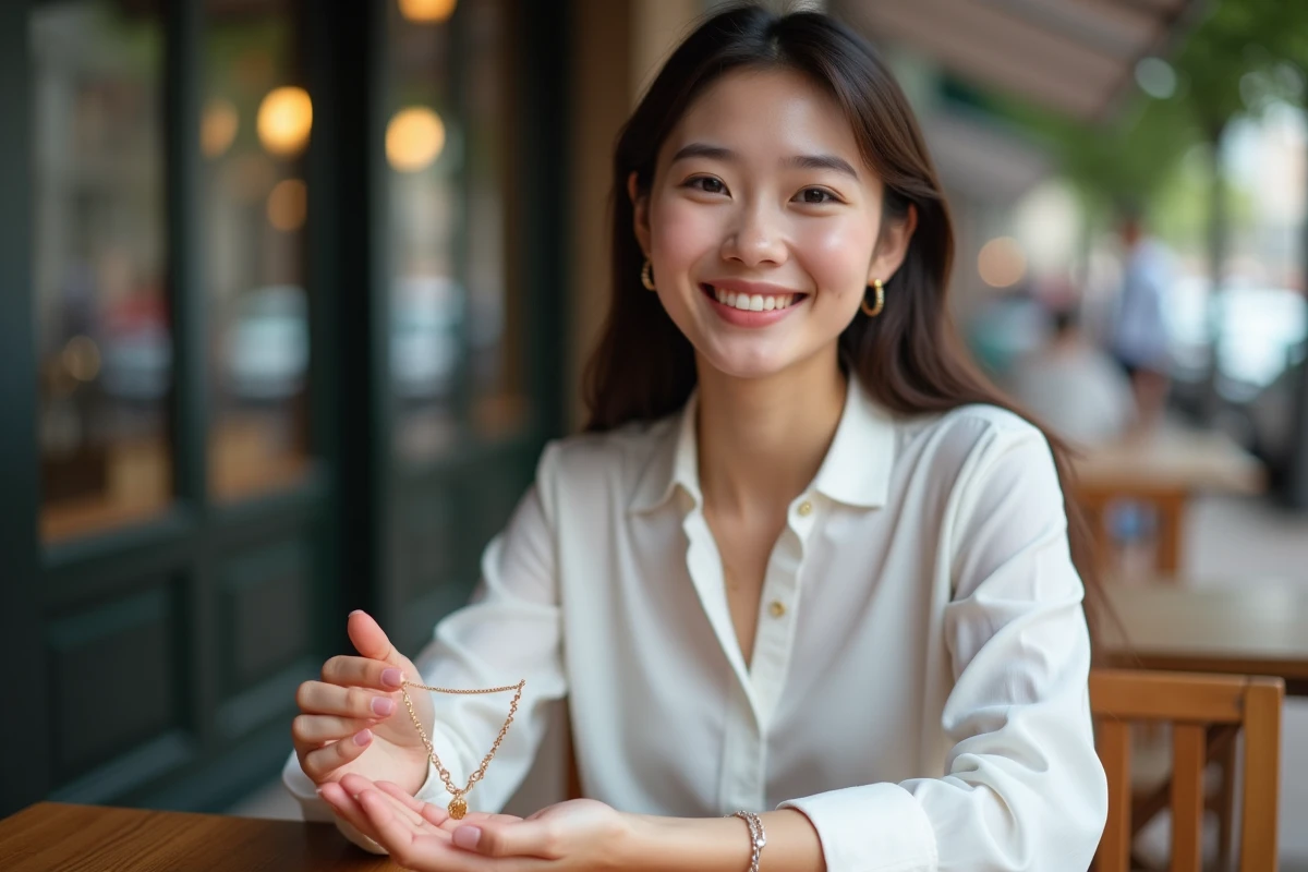 Jeune femme tenant un collier en or au café