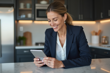 Femme élégante avec carte de crédit dans une cuisine moderne