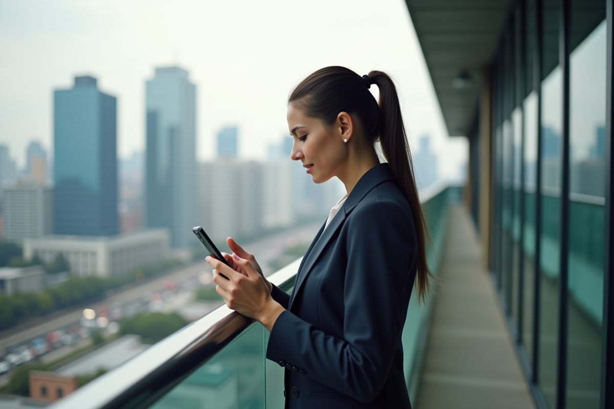 Femme confiante analysant des données boursieres sur un smartphone en ville