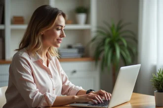 Femme assise à son bureau ajoute un bénéficiaire sur son ordinateur