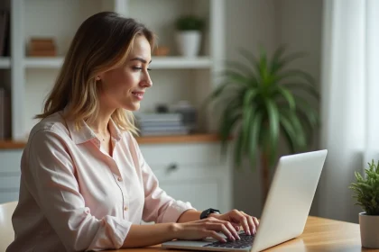Femme assise à son bureau ajoute un bénéficiaire sur son ordinateur