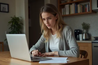 Jeune femme au bureau dans un appartement cosy