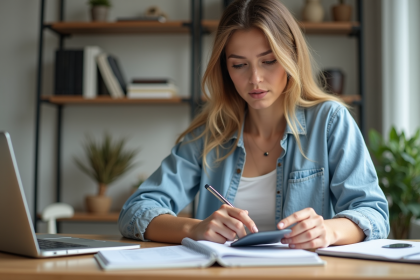 Femme concentrée travaillant à son bureau à domicile