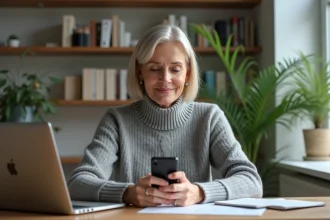 Femme d'âge moyen travaillant à son bureau à domicile