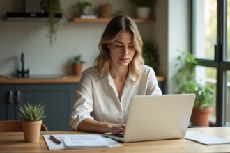 Femme concentrée travaillant à la maison avec ordinateur