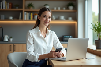 Jeune femme professionnelle utilisant un ordinateur dans un intérieur lumineux