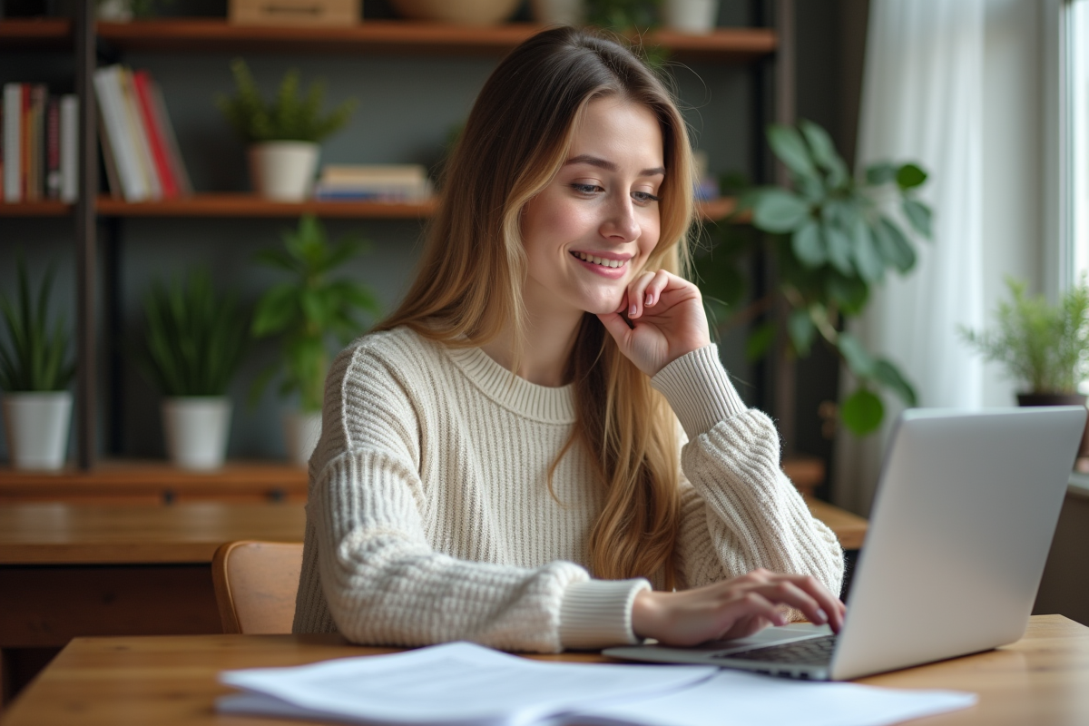 Jeune femme au bureau avec ordinateur et documents