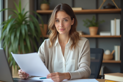 Femme au bureau moderne avec documents et ordinateur