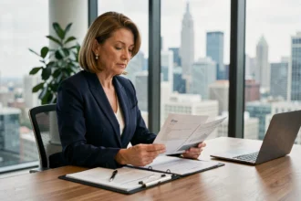 Femme cadre supérieur analysant un dossier d'usufruit de SCPI dans un bureau professionnel moderne avec vue sur la ville
