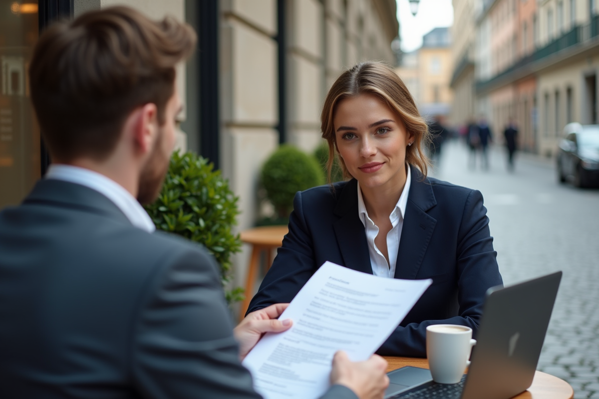 Jeune femme en blazer bleu discutant au café