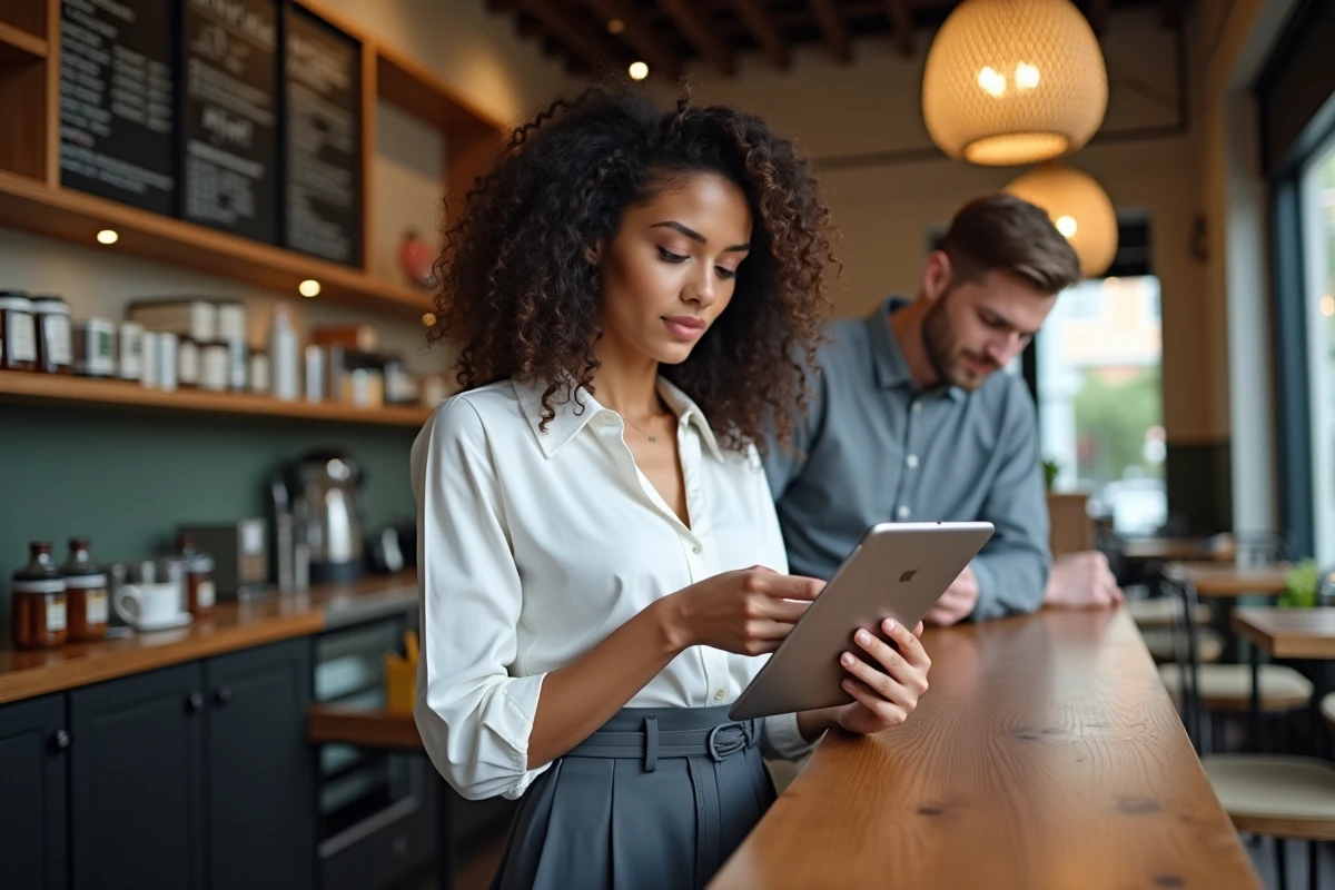 Femme discutant de ventes avec une collègue au café