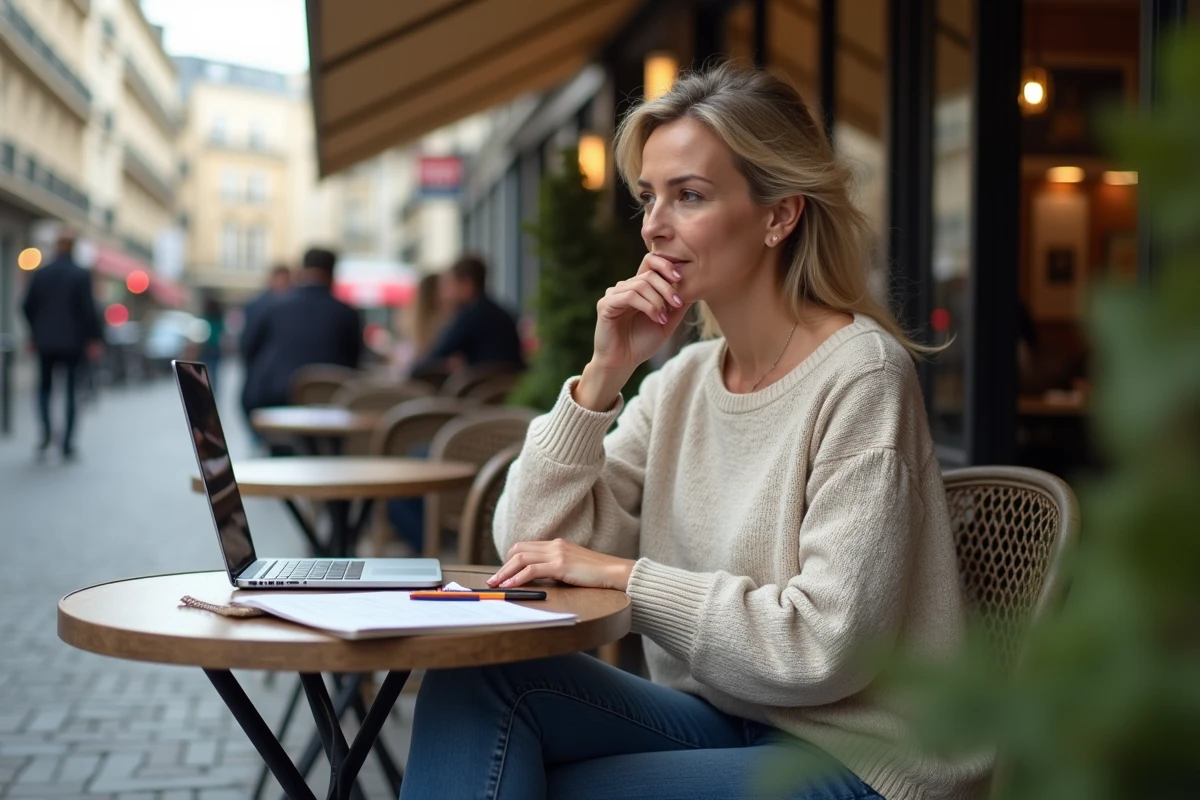 Femme assise dans un café parisien examine des graphiques