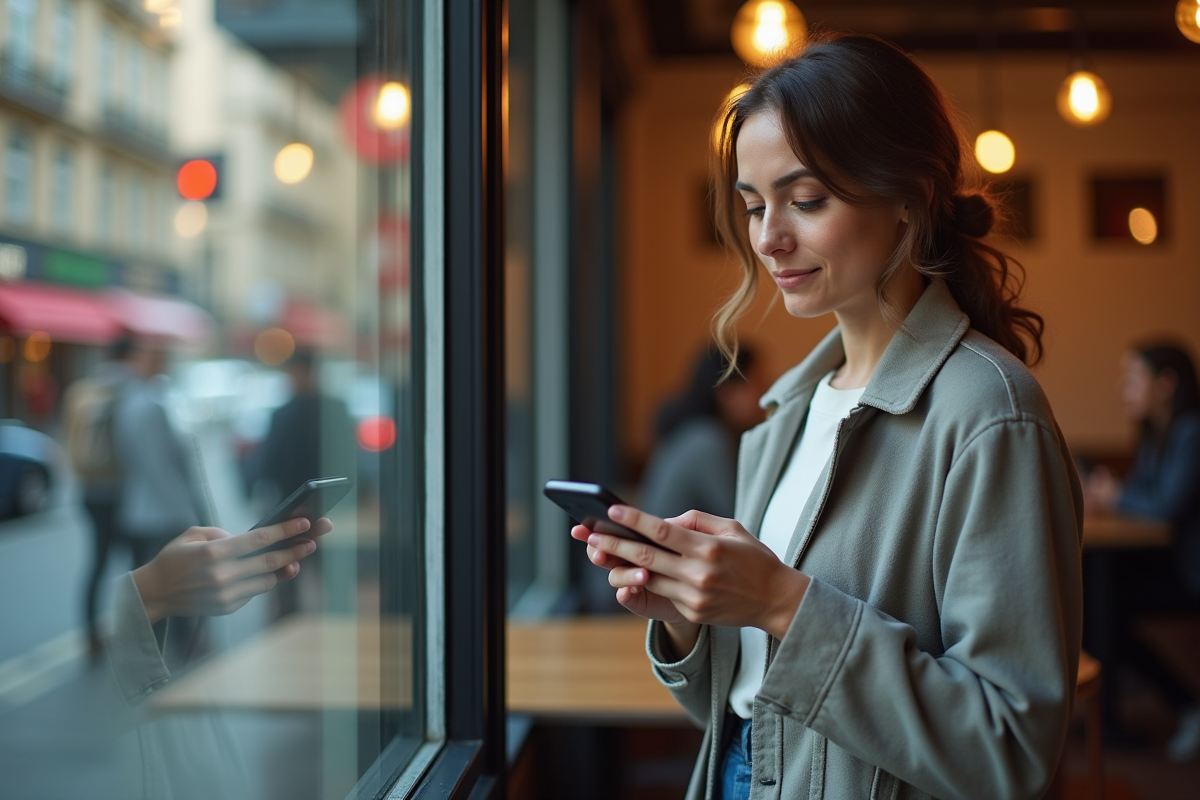 Jeune femme dans un café urbain vérifiant son application d