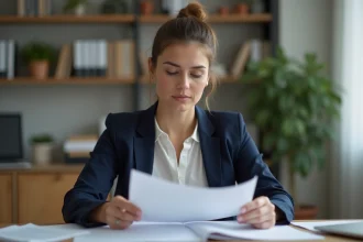 Femme cadre en home office consultant son solde de tout compte après démission en CDI