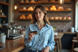 Femme souriante avec carte bancaire dans un café de Buenos Aires