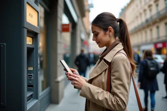 Femme consultant une carte interactive de distributeurs de billets sur smartphone devant un DAB en ville