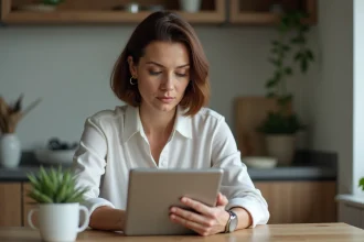 Femme d'âge moyen regardant son relevé bancaire sur une tablette