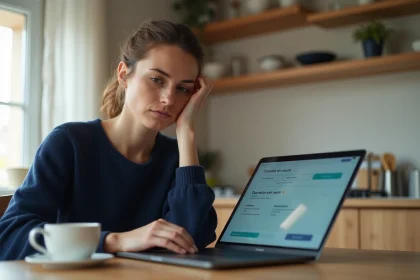 Femme consultant son compte La Banque Postale sur un ordinateur portable pour vérifier une opération en attente