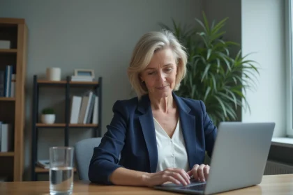 Femme consultant l'historique de ses opérations bancaires sur son compte en ligne via un ordinateur portable