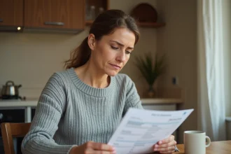 Femme consultant son relevé de livret A à la maison, inquiète de la baisse du taux d'intérêt en 2026