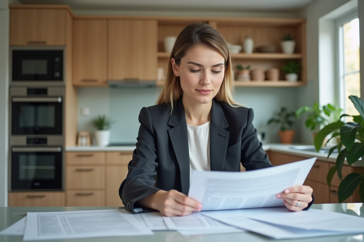 Femme en costume étudiant des documents de mortgage