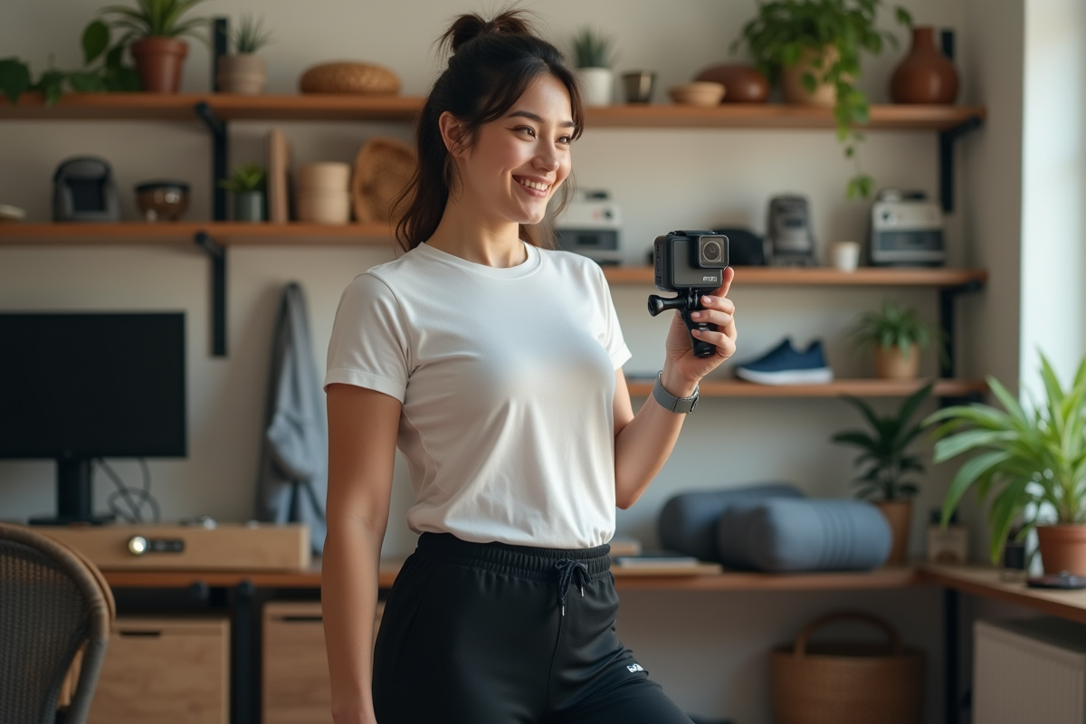 Femme créatrice de contenu souriante enregistrant avec une caméra chez elle