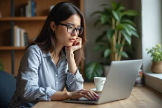 Femme concentrée devant son ordinateur en home office
