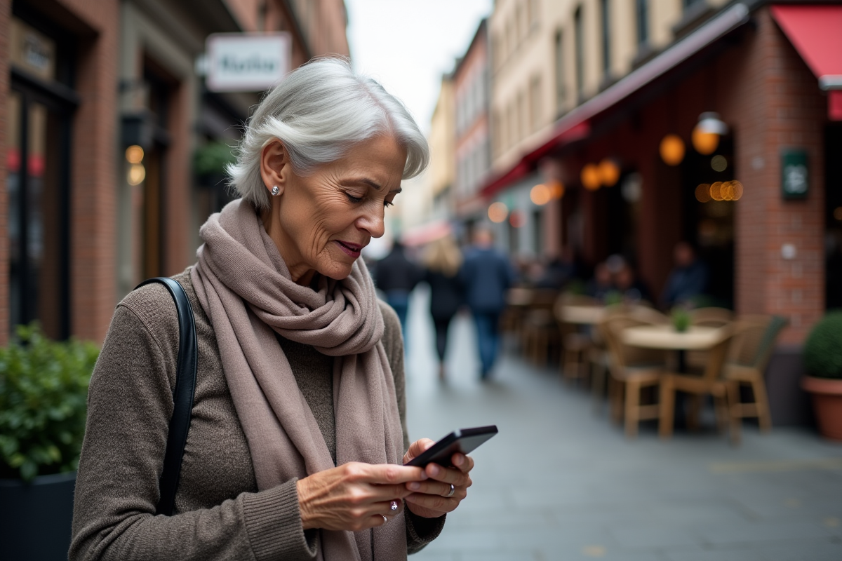 Femme âgée consultent les actualités crypto en extérieur