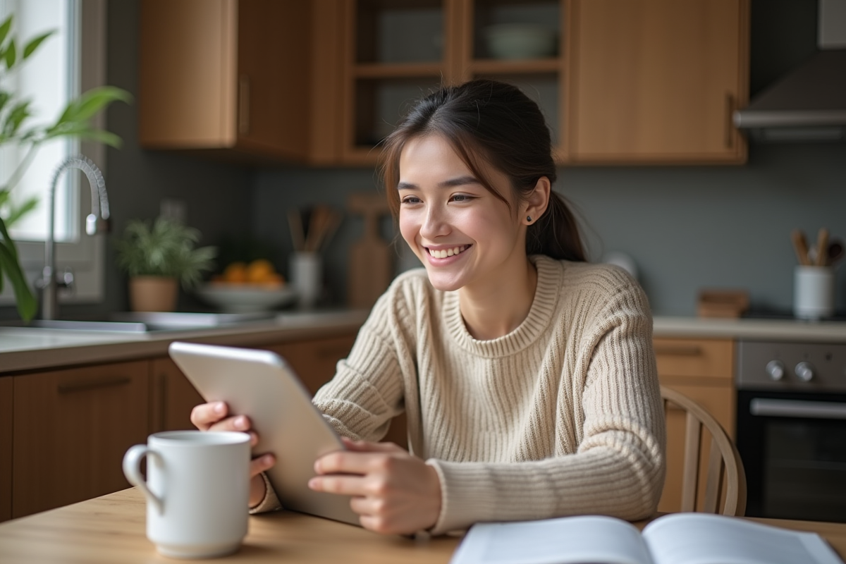 Jeune femme souriante utilisant une tablette dans la cuisine