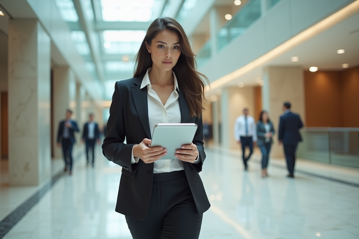 Jeune femme entrepreneure marchant dans un atrium moderne