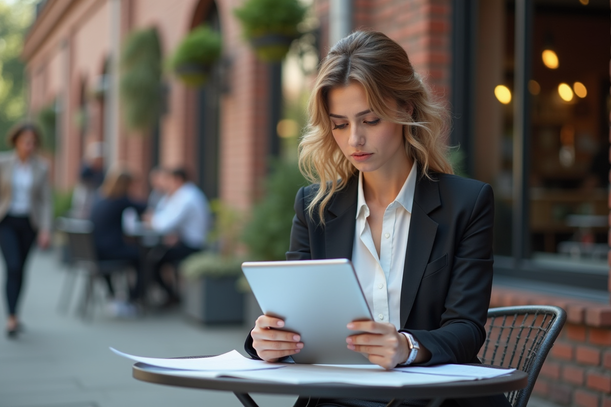 Jeune femme entrepreneure au café examinant des papiers
