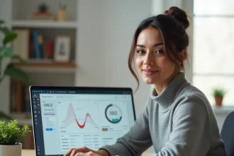 Femme utilisant l'espace client Merci Victor sur un ordinateur portable dans un bureau à domicile moderne en 2026