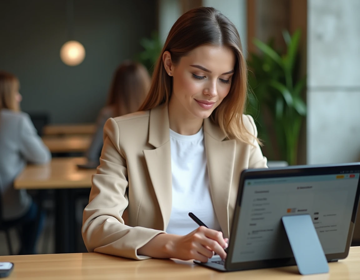 Femme accédant aux nouveaux services de l'espace client Merci Victor sur tablette dans un espace de coworking